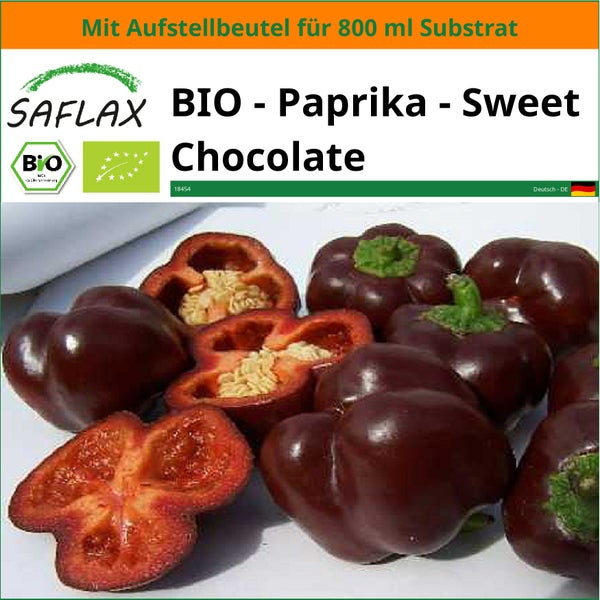 SAFLAX Garden in the bag - BIO - Paprika - Sweet Chocolate - Capsicum annuum - 10 Samen - Mit Anzuchtsubstrat im praktischen, selbst aufstellenden Beutel