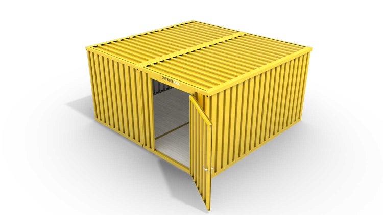 Lagercontainer Gerätehaus L2  – 16 qm, H2150 x B4050 x T4340 mm, Außenwandlackierung RAL 1003 signalgelb, Dach außen verzinkt, mit Holzfußboden, 1270 mm Einflügeltür mittig in Modul D, montiert