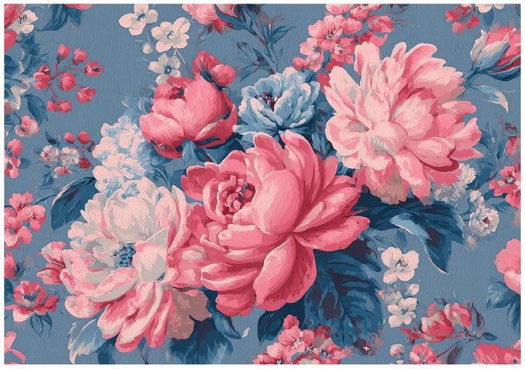 Blumentapete mit floralem Muster, Pfingstrosen und Blättern