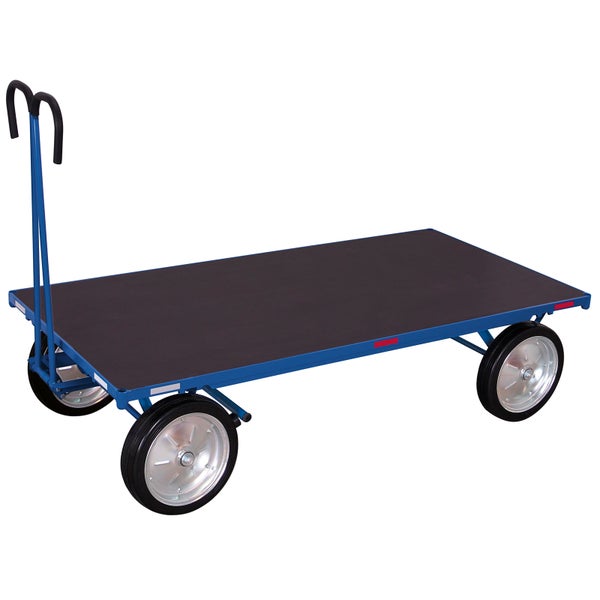 Blauer Plattformwagen aus Metall mit schwarzer Ladefläche, hohem Schiebebügel und vier großen Rädern.