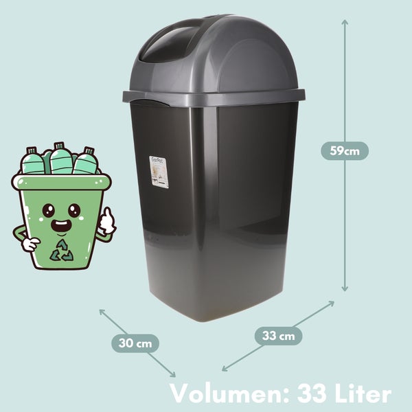 Mülleimer mit Schwingdeckel von GarPet, Volumen 33 Liter, Höhe 59 Zentimeter, Breite 33 Zentimeter, Tiefe 30 Zentimeter.