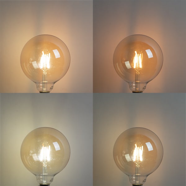 Große LED Filament Globelampe mit klarem Glas in vier verschiedenen Helligkeitsstufen.