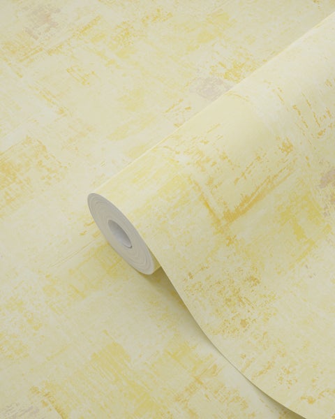 Gelbe Strukturtapete auf einer Rolle.