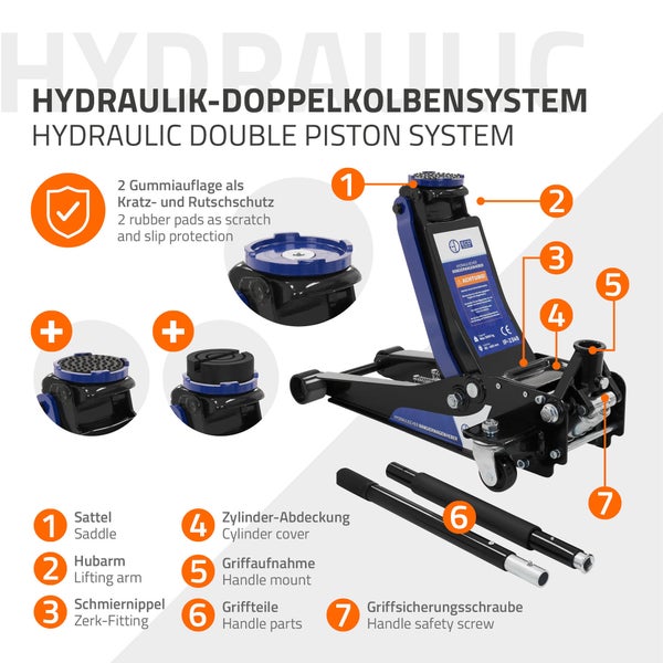Hydraulischer Wagenheber mit Doppelkolbensystem und verschiedenen Details wie Sattel, Hubarm und Griffteilen