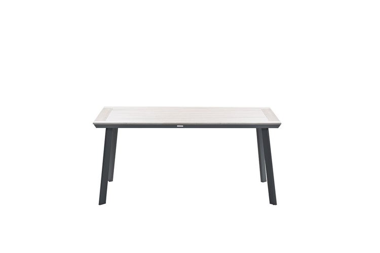 Rechteckiger Gartentisch mit Aluminiumgestell und Tischplatte aus Latten in Holzoptik.