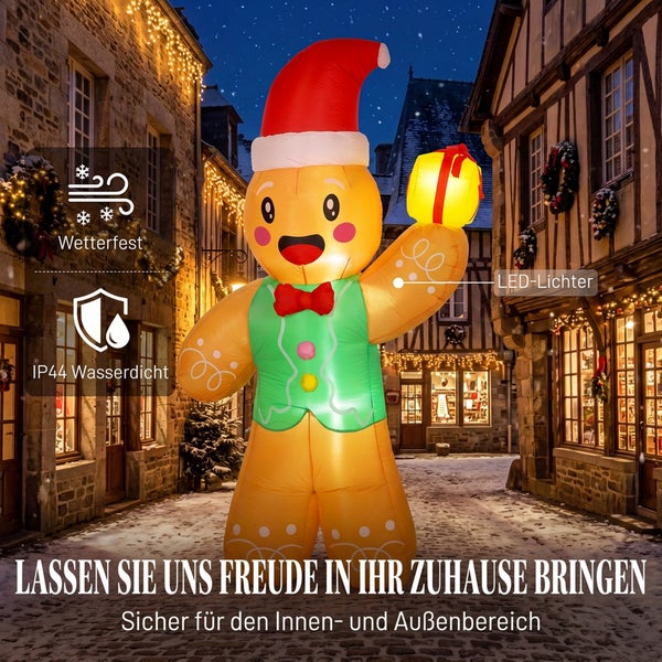 Aufblasbarer Lebkuchenmann mit LED Beleuchtung für den Innen und Außenbereich, wetterfest und wasserdicht nach Schutzart IP44.