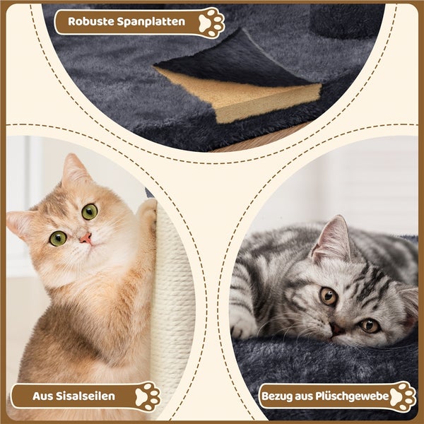 Detailansicht eines Kratzbaums mit robusten Spanplatten, Sisalseilen und Plüschbezug sowie Katzen