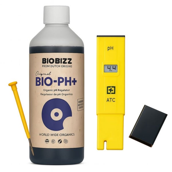 Biobizz Bio-pH+ organischer pH-Regulator mit digitalem pH-Messgerät und Justierwerkzeug.
