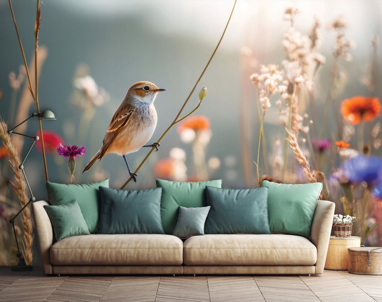 Wohnzimmer mit beigem Sofa, grünen Kissen und einer Fototapete mit einem Vogel auf einem Zweig vor einer Wiesenlandschaft mit Blumen.