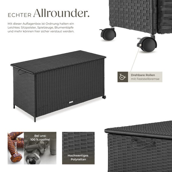 Dunkelgraue Auflagenbox aus Polyrattan mit lenkbaren Rollen, Feststellbremse und 100 Prozent rostfreien Schrauben.