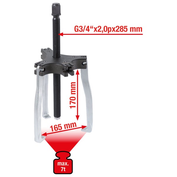 Abzieher mit drei Armen, G3/4 Zoll x 2,0 Pixel x 285 Millimeter, 170 Millimeter Ausladung und maximaler Zugkraft von 7 Tonnen
