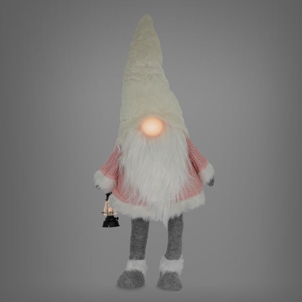ECD Germany LED Wichtel-Figur mit warmweiß beleuchtete Laterne und Nase 80cm Rosa-Weiß stehend batteriebetrieben Weihnachtsdeko Weihnachtswichtel Weihnachtszwerg Deko Zwerg Gnom Plüsch Puppe mit Mütze