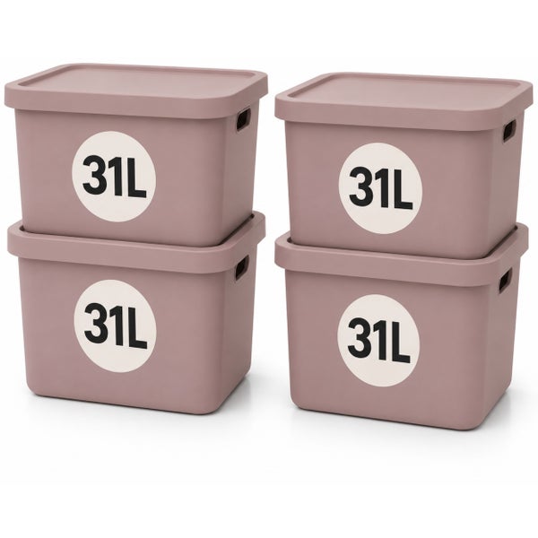 Vier stapelbare Aufbewahrungsboxen mit Deckel, Kunststoff, Fassungsvermögen je 31 Liter.