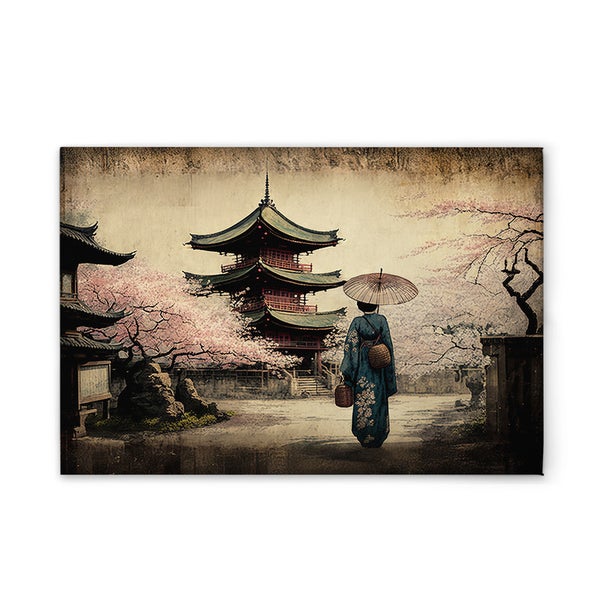 Gemälde einer Frau mit Sonnenschirm vor einem japanischen Tempel mit Kirschblüten