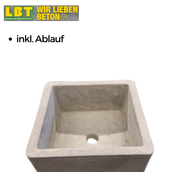 Quadratisches Waschbecken aus Beton mit Abflussloch, inklusive Ablauf. LBT Landauer Betonteile Logo.