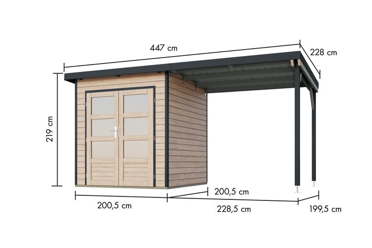 Gartenhaus aus Holz mit Schleppdach und Abmessungen in Zentimeter: Gesamtbreite 447 Zentimeter und Gesamthöhe 219 Zentimeter.