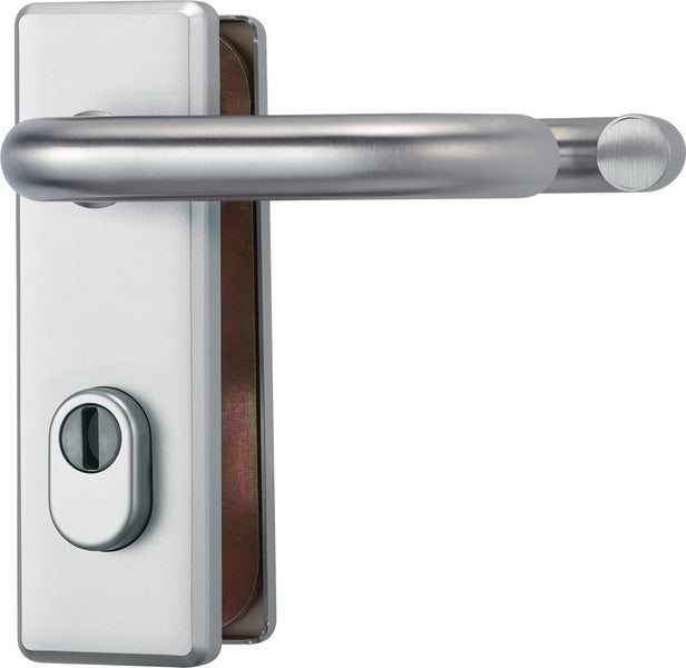 Türdrücker aus Edelstahl mit Kurzschild und Profilzylinder-Lochung.