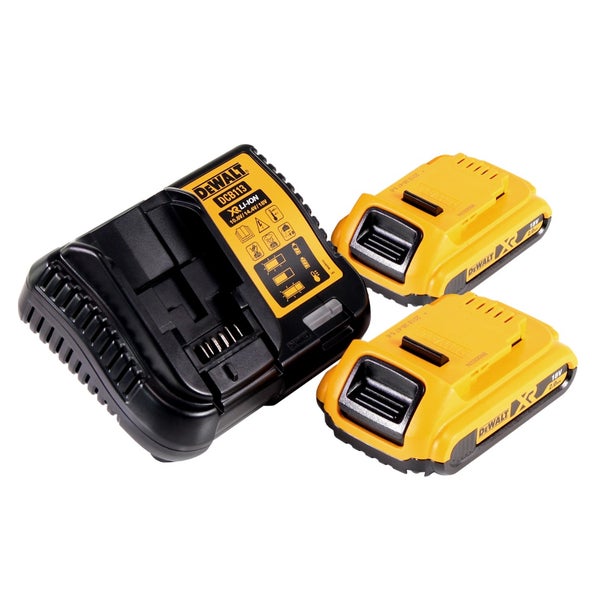DeWalt Ladegerät mit zwei DeWalt 18 Volt Lithium-Ionen-Akkus mit 2,0 Amperestunden.