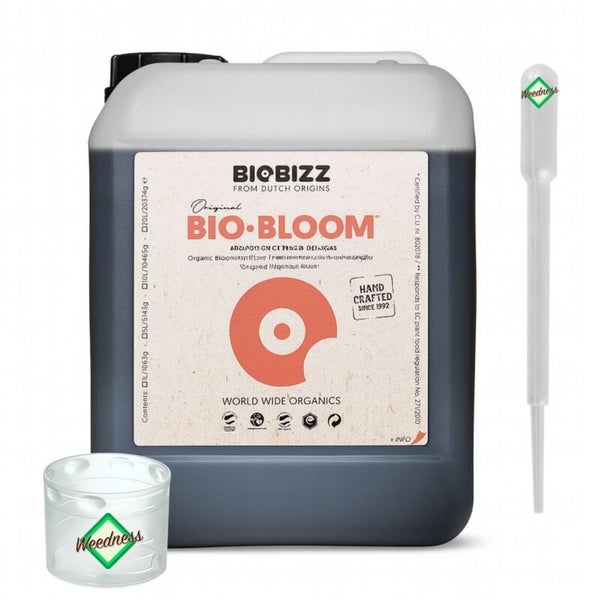 Biobizz Bio-Bloom organischer Flüssigdünger im Kunststoffkanister mit Messbecher und Pipette, Biobizz Logo, Weedness Logo.