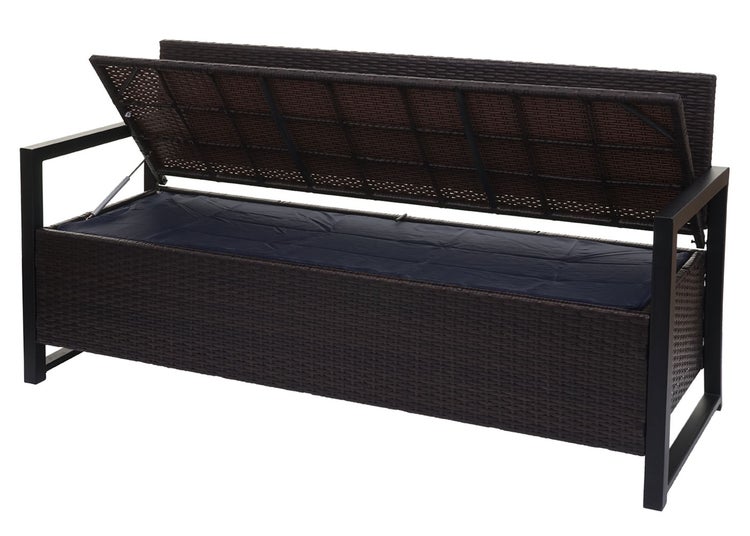 Gartenbank aus Polyrattan mit geöffnetem Stauraum für Auflagen und Gasdruckfeder.