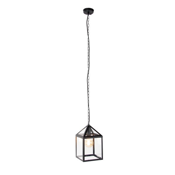 Schwarze Pendelleuchte in Laternenform aus Metall und Glas mit Kette.