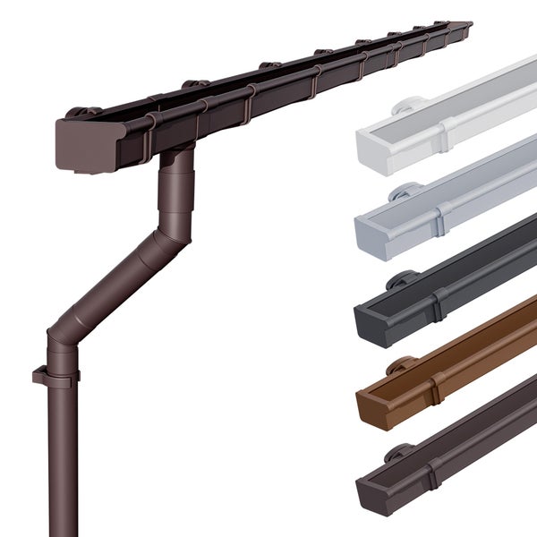 Eckiges Dachrinnensystem aus Kunststoff mit Fallrohr und Halterungen, in verschiedenen Farben erhältlich.