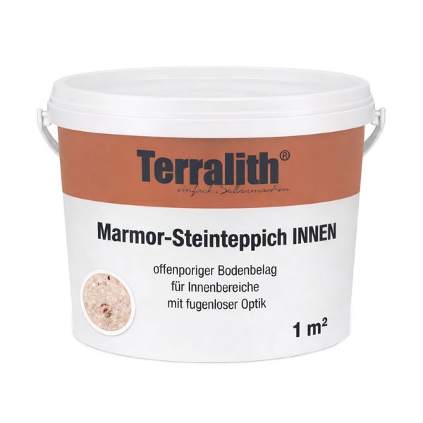 Terralith Marmor-Steinteppich Innen, offenporiger Bodenbelag für 1 Quadratmeter in einem weißen Eimer.