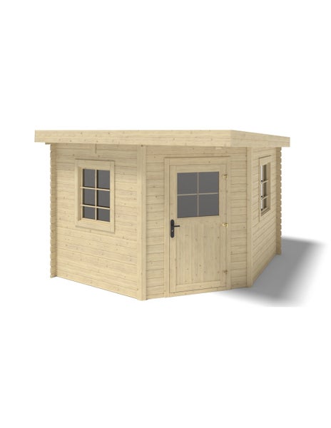 Gartenhaus aus Holz mit Pultdach, Eck-Eingangstür mit Fenster und zwei Seitenfenstern.