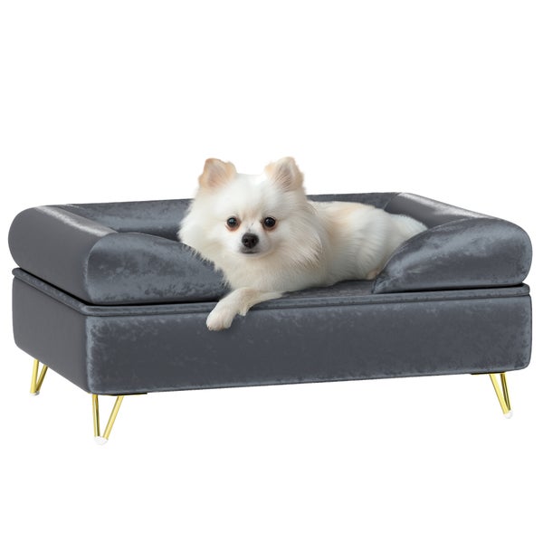 PawHut Hundesofa Hundecouch mit Kissen, Waschbarer Bezug, Haustiersofa mit Abnehmbare Rückenlehne und Metallbeine, Katzensofa für kleine und mittelgroße Hunde, Grau