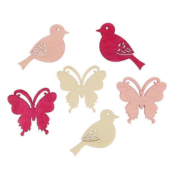 Holzstreudeko mit Vogel- und Schmetterlingsmotiven