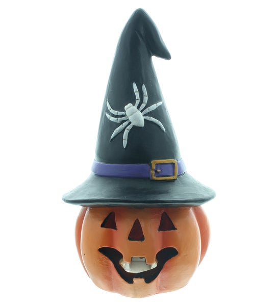 Halloween-Dekoration: Kürbis mit Hexenhut und Spinnenmotiv