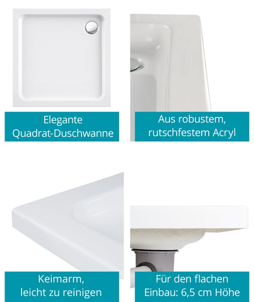 Calmwaters® Acryl-Brausewannen-Set | Duschwanne mit Wannenträger und Excenter-Ablaufgarnitur | 80 x 80 x 6,5 cm | Weiß | 99000116