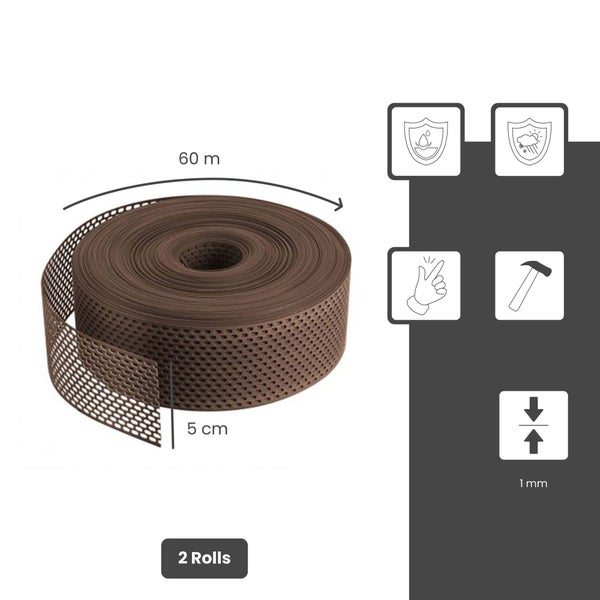 Zwei Rollen braunes Lüftungsband aus Kunststoff, 60 Meter lang, 5 Zentimeter breit, 1 Millimeter stark, wasserfest und wetterbeständig.