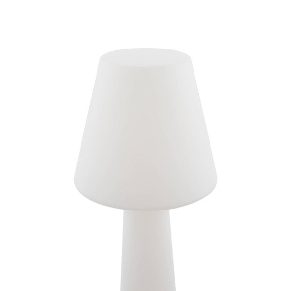 Weiße Tischleuchte in modernem Design aus Kunststoff mit konischem Schirm.