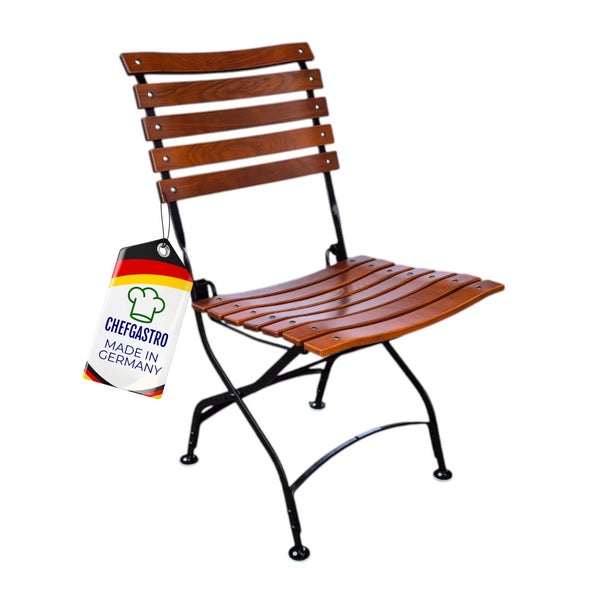 Klappbarer Biergartenstuhl mit Holzlatten und Metallgestell, Modell ChefGastro, Hergestellt in Deutschland.