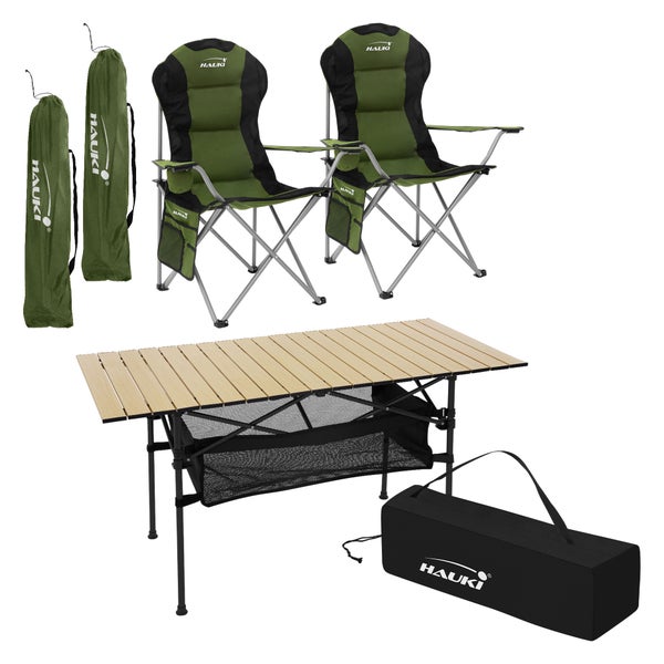 Hauki Campingmöbel Set 3tlg. Campingtisch faltbar Beige mit 2 Campingstühlen Khaki, Camping-Set für 2 Person mit Tragetasche, Alu Klapptisch mit 2 Angelstuhl, Sitzgarnitur Sitzgruppe Gartenmöbel