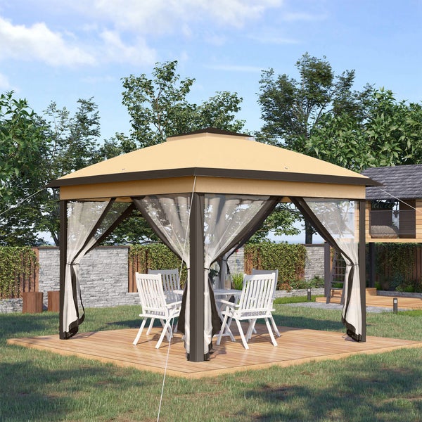 Outsunny Pavillon 3,3x3,3m, wasserabweisend Winterfest Pop-up Faltpavillon mit Doppeldach, UV Schutz, Faltbar Partyzelt Gartenzelt mit Seitenteilen, Tasche Gartenpavillon für Camping Garten, Beige