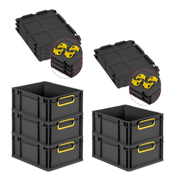 PROREGAL SparSet 5x Eurobox NextGen Color mit Auflagedeckel und Schiebeschnappverschlüsse, HxBxT 17x30x40cm, 16 Liter, Schwarz, Griffe gelb geschlossen, Eurobehälter, Transportbox, Transportbehälter, Stapelbehälter