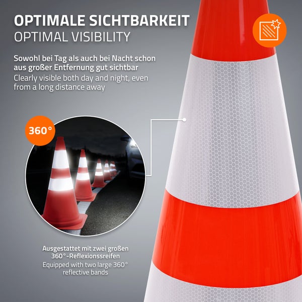 Warnkegel mit zwei reflektierenden Streifen für optimale Sichtbarkeit bei Tag und Nacht aus jeder Richtung.
