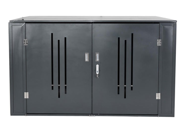 Fahrradbox mit abschließbaren Türen, Hakenleiste und hydraulischer Gasdruckfeder