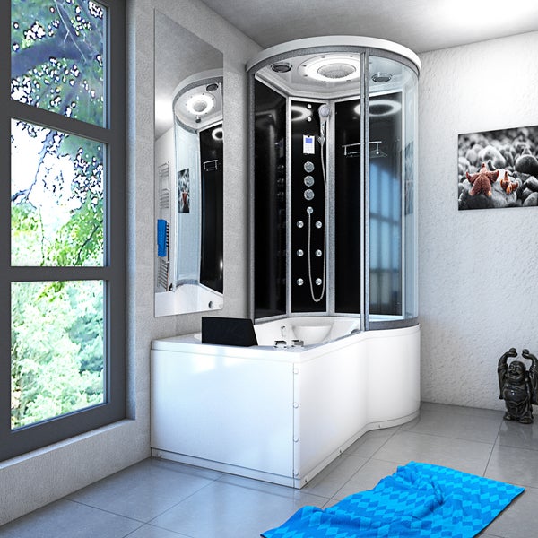 Moderne Whirlpool-Badewanne mit integrierter Dampfduschkabine, Glaswänden, schwarzem Duschpaneel, Massagedüsen und Kopfstütze im Badezimmer.