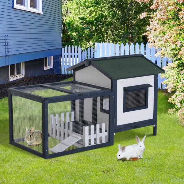 PawHut Kaninchenstall Kleintiergehege, Hasenstall aus Tannenholz, Meerschweinchen Freilauf, Kleintierhaus, Kleintierstall mit Bodenwanne und Rampe, Grün+Weiß, 151 x 78 x 84,5 cm