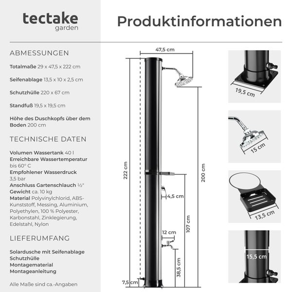 tectake garden Logo. Produktdatenblatt für Solardusche mit 40 Liter Wassertank, Abmessungen in Zentimeter und technische Daten zum Material.