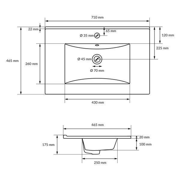 ECD Germany Waschbecken Waschtisch 710x465x175 mm Keramik Weiß inkl Ablaufgarnitur mit Überlauf Einbaubecken Einbauwaschbecken Handwaschbecken Einbauwaschtisch Aufsatzwaschbecken Spülbecken Wasserfall