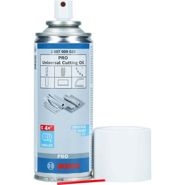 Bosch PRO Universal-Schneidöl Sprühdose mit Bosch Logo, Sprühdüse, rotem Verlängerungsröhrchen und weißer Kappe.
