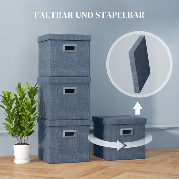 HOMCOM Aufbewahrungsbox 3er-Set Stapelbare Aufbewahrungswürfel, Faltbare Aufbewahrungskiste für Wohnzimmer, Schlafzimmer, 30 x 30 x 29 cm, Blau