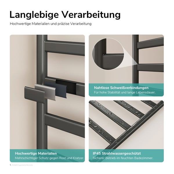 Infografik zeigt die langlebige Verarbeitung eines Badheizkörpers mit mehrschichtigem Schutz, nahtlosen Schweißnähten und IP45 Schutzgrad.
