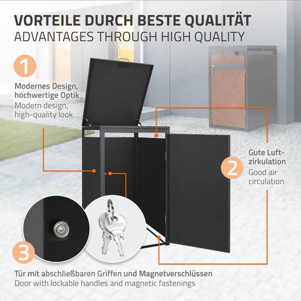 Moderne Mülltonnenbox aus Metall mit offenem Deckel und Tür, Details zu Luftzirkulation, abschließbarem Griff und Magnetverschluss.