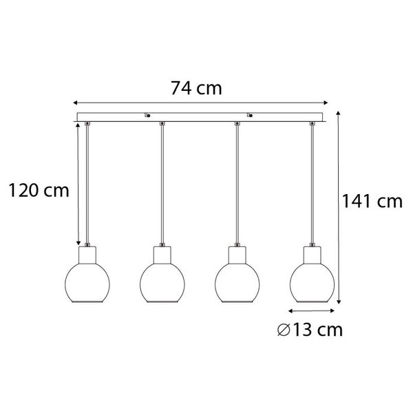 Technische Zeichnung einer Pendelleuchte mit vier Lampen, Länge 74 cm, Höhe 141 cm, Lampenhöhe 120 cm, Lampendurchmesser 13 cm