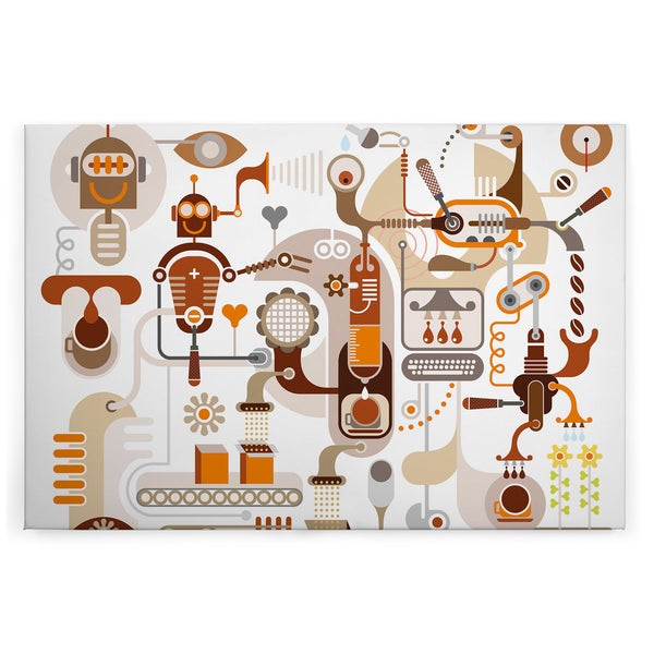 Wandbild mit einer abstrakten grafischen Illustration einer Kaffeemaschine und Robotern im industriellen Stil